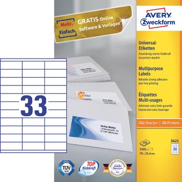 ZWECK ETIKETTEN INKJET-LASER-KOPIE (70X25.4MM)