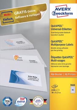 Zweckform Avery  3666 38x21.2mm, wit, 6500stuks, inkjet-laser-kopie