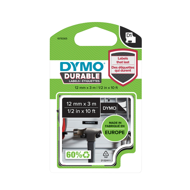 DYMO DURABLE VINYL TAPE 12MM (WIT/ZWART)